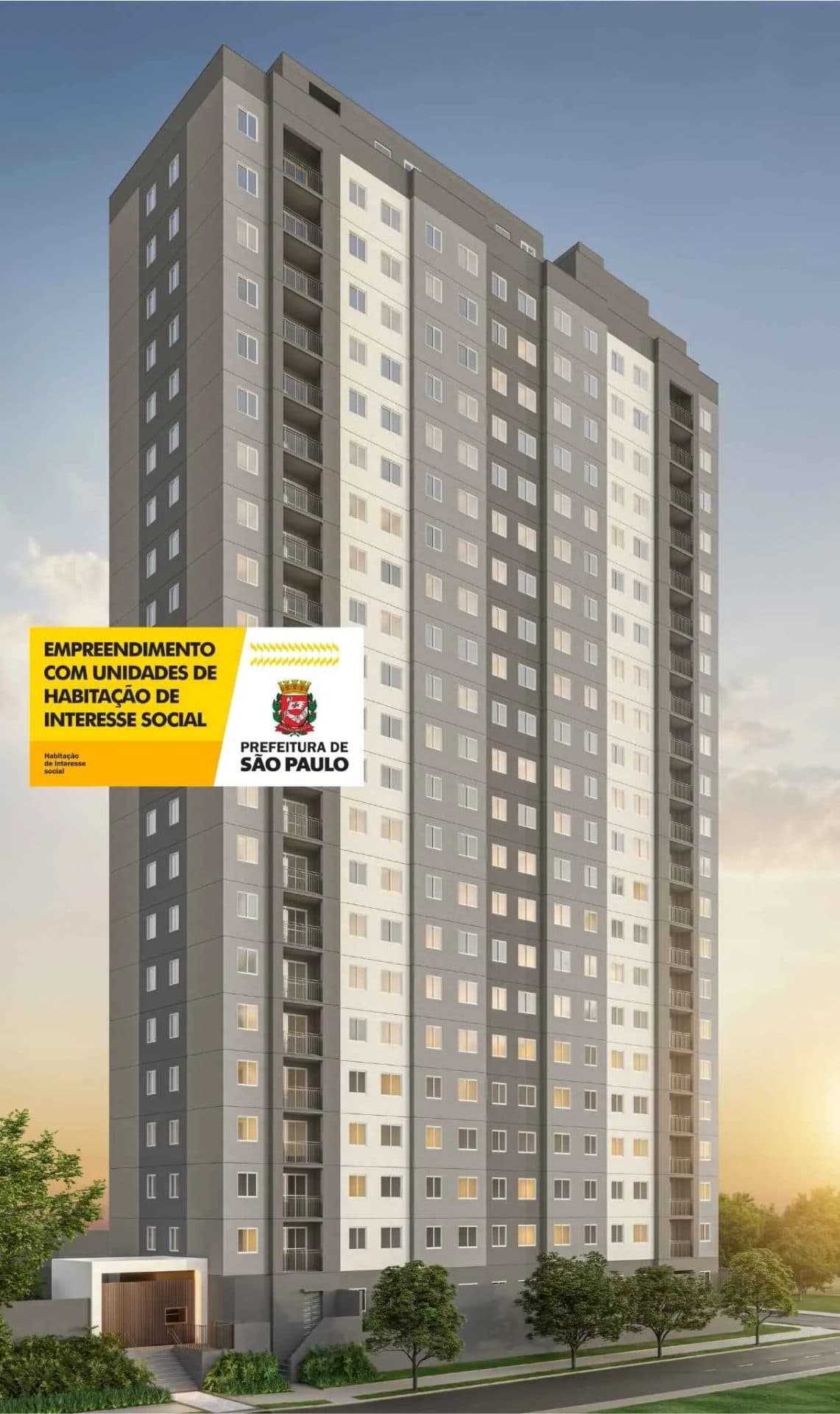 Vista exterior completa da torre residencial com pintura em tons de cinza e branco