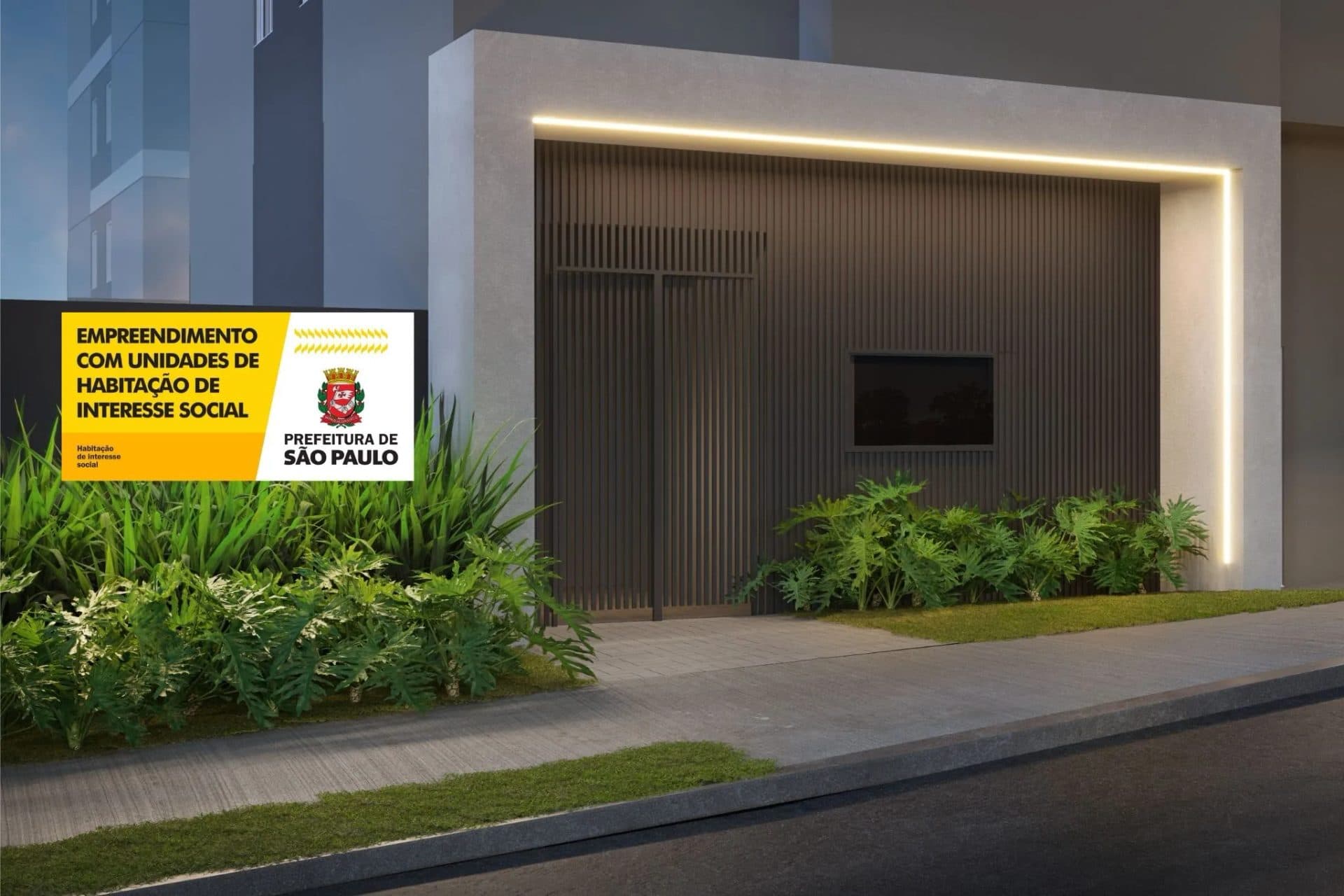 Fachada do edifício com portaria moderna, iluminação em LED e vegetação frontal.