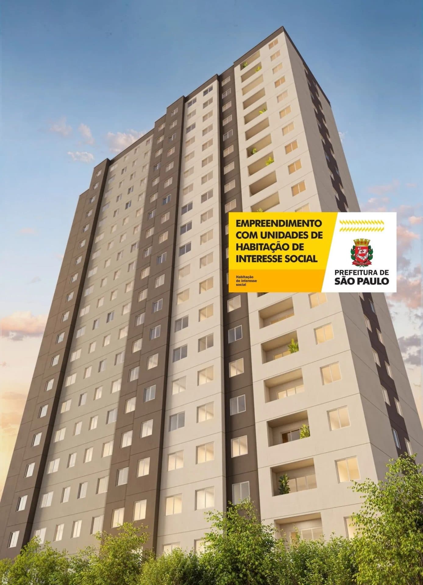 Vista externa da torre residencial com pintura em tons claros e escuros e varandas.