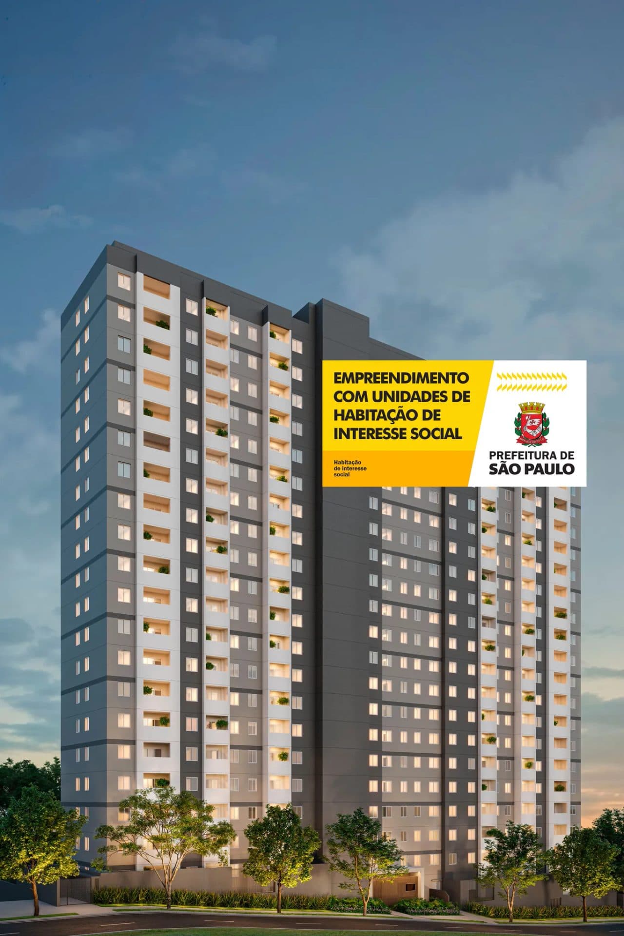 Fachada externa do edifício residencial com vários pavimentos, varandas e vegetação no térreo.