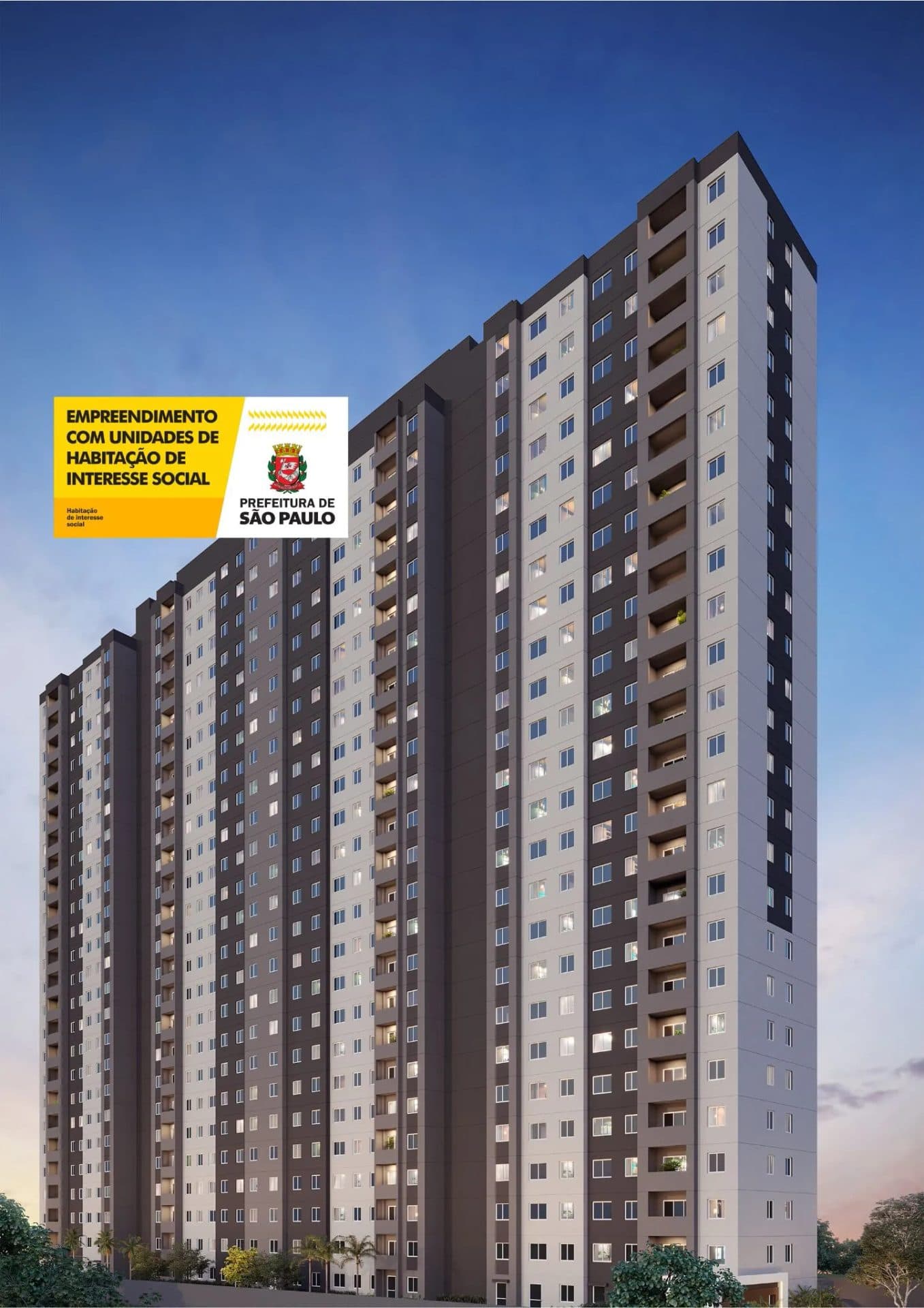 Fachada de edifício residencial alto com pintura em tons de cinza e branco.