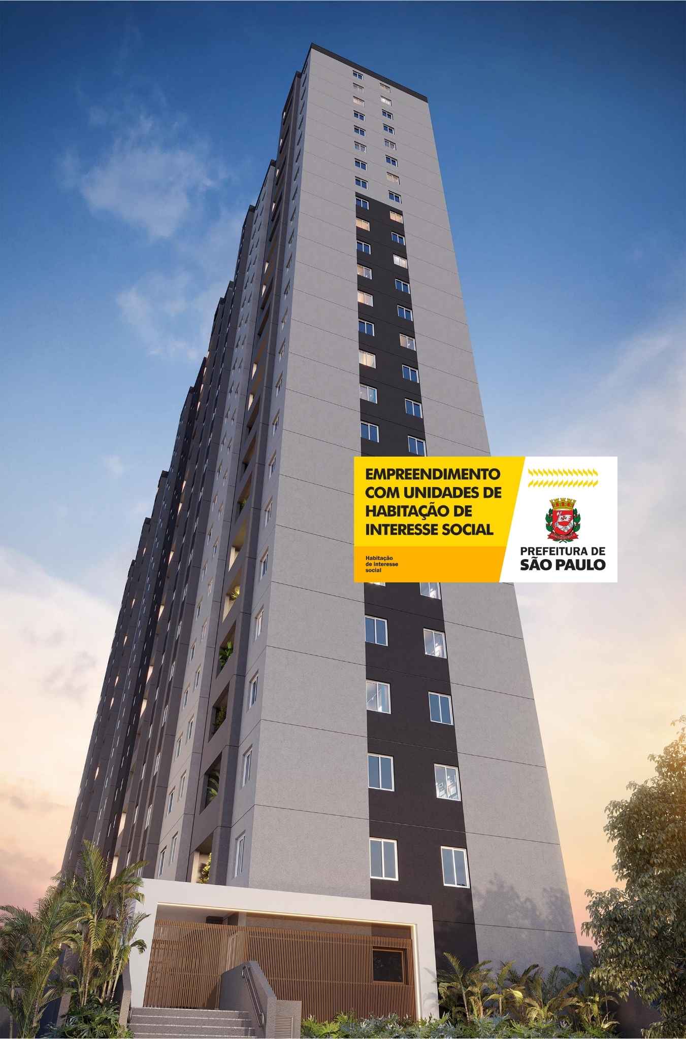 Fachada frontal do edifício residencial de vários andares com pintura cinza e detalhes em preto, com entrada principal.