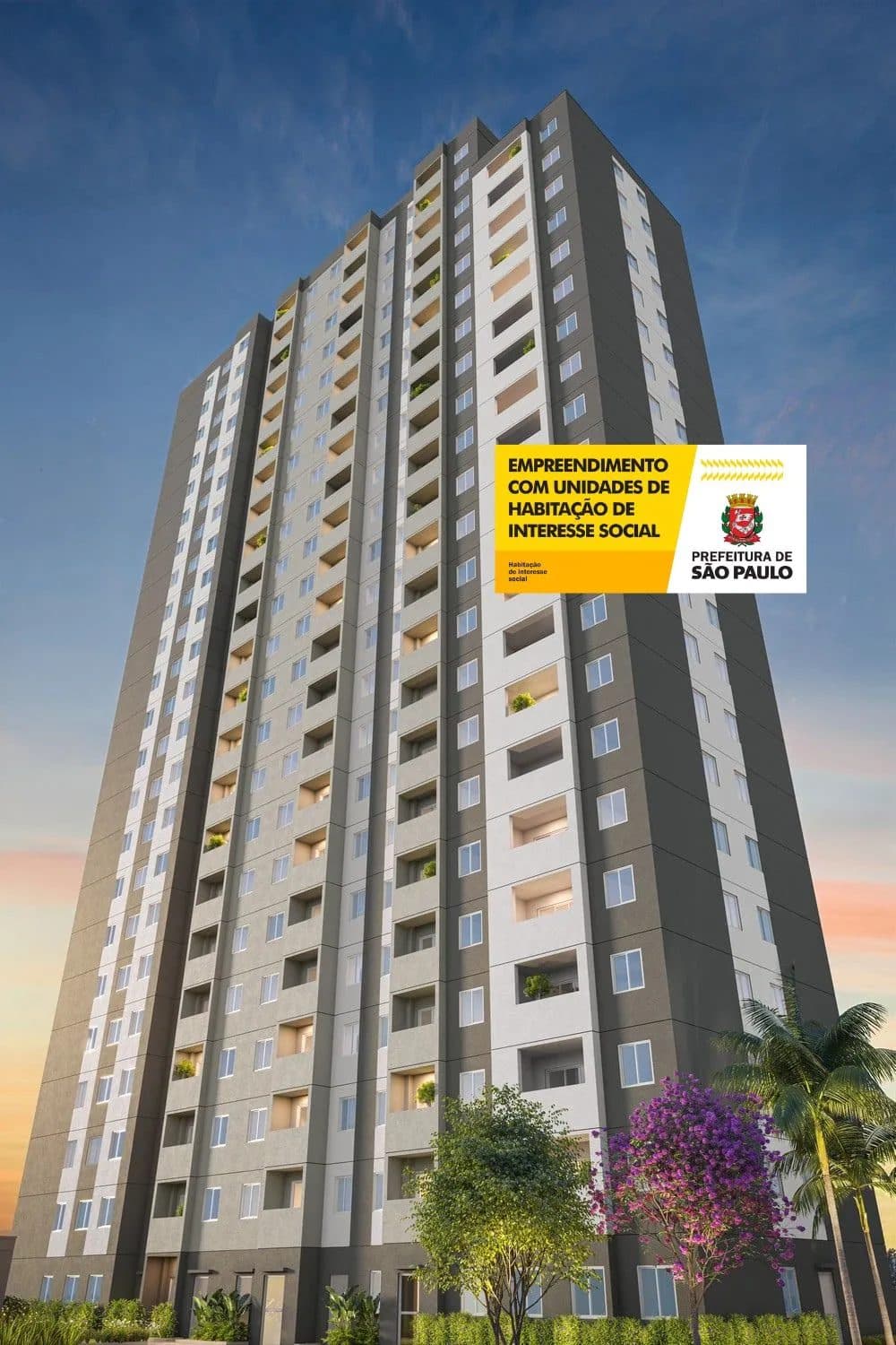 Fachada externa de edifício residencial com pintura cinza e branca, varandas e paisagismo.