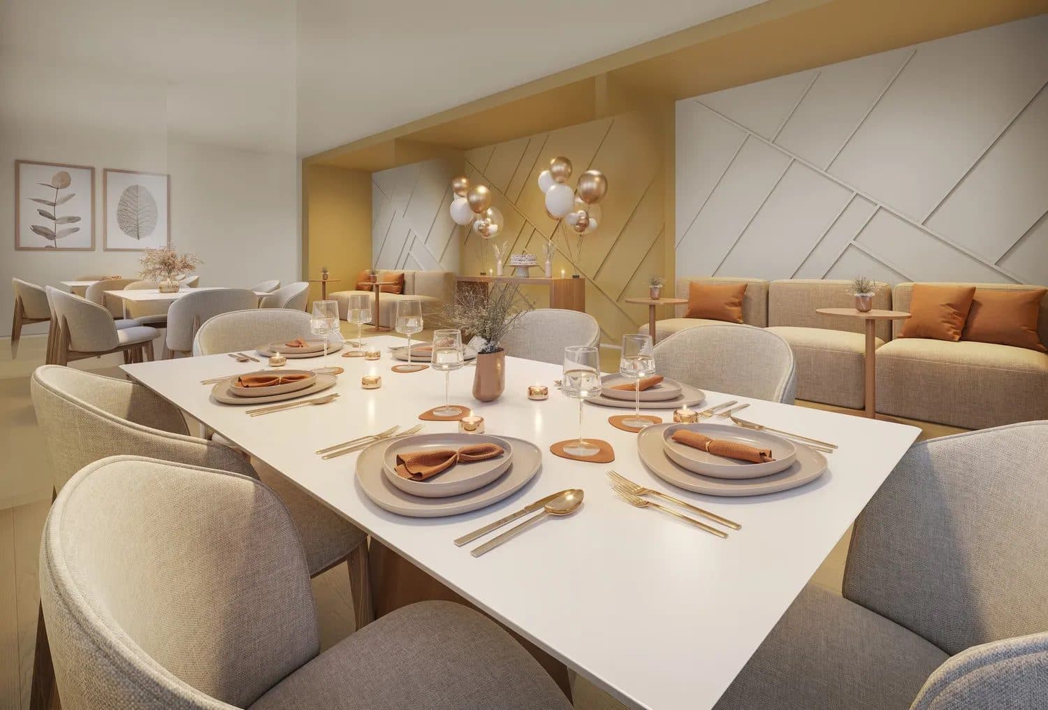 Sala de jantar ampla com mesa central posta, cadeiras estofadas e decoração nas paredes.