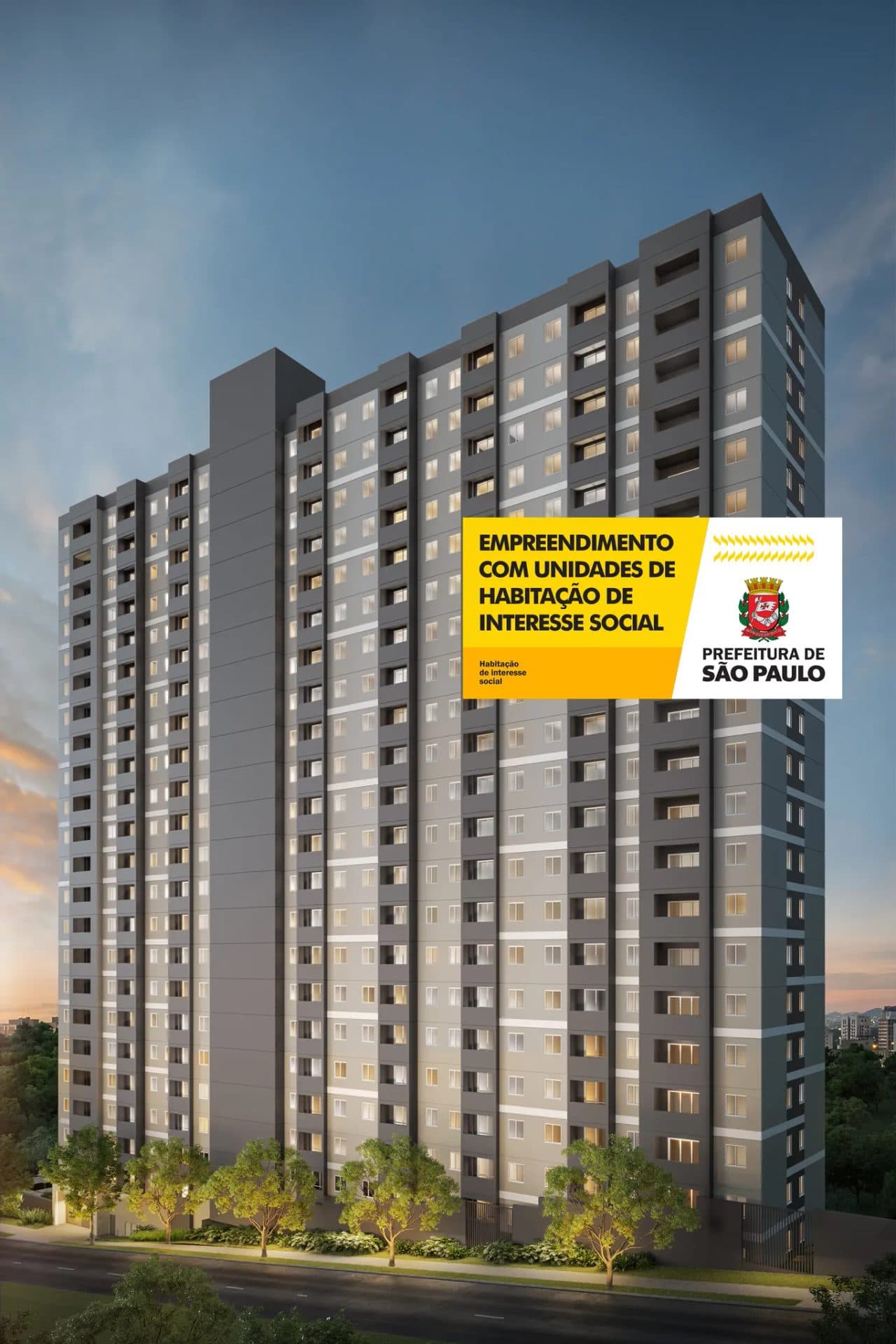 Vista externa completa da torre residencial com várias janelas e varandas.