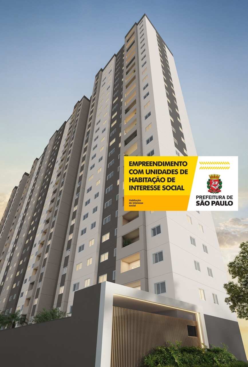 Fachada de edifício residencial alto com detalhes em tons de branco, cinza e bege.