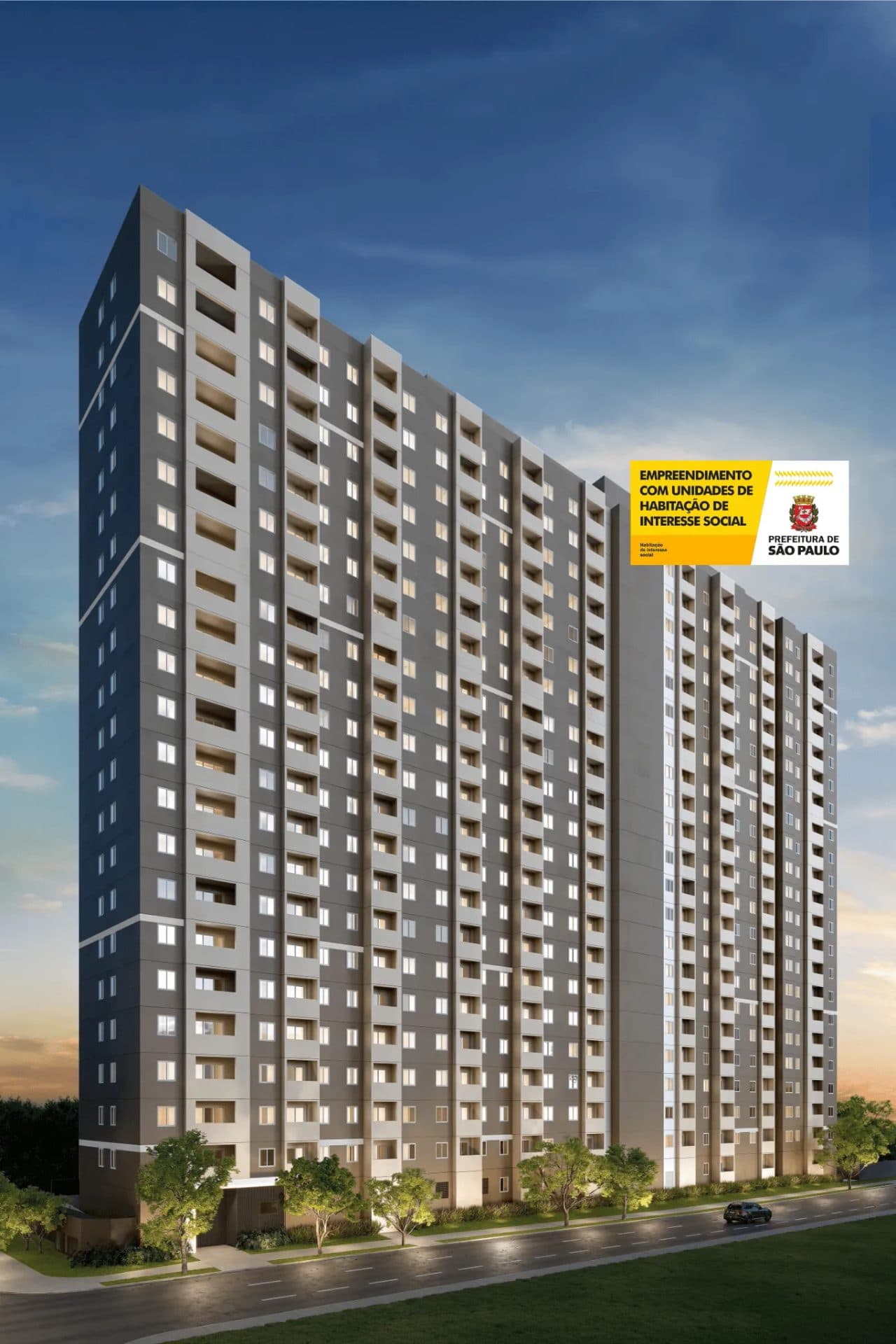Fachada do edifício residencial de múltiplos andares com pintura em tons de cinza e branco