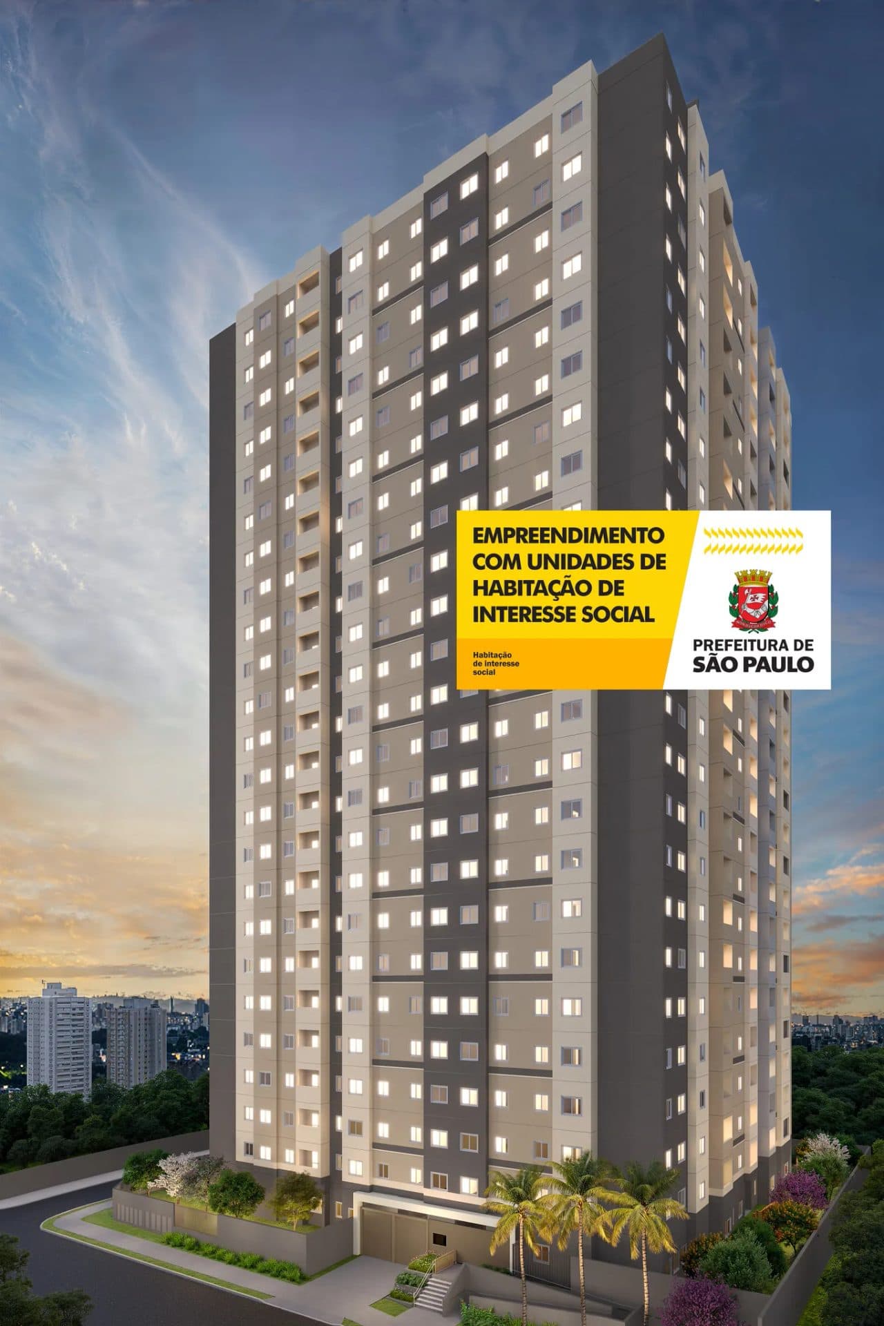 Vista externa completa da torre residencial alta com fachada texturizada em tons de bege e cinza