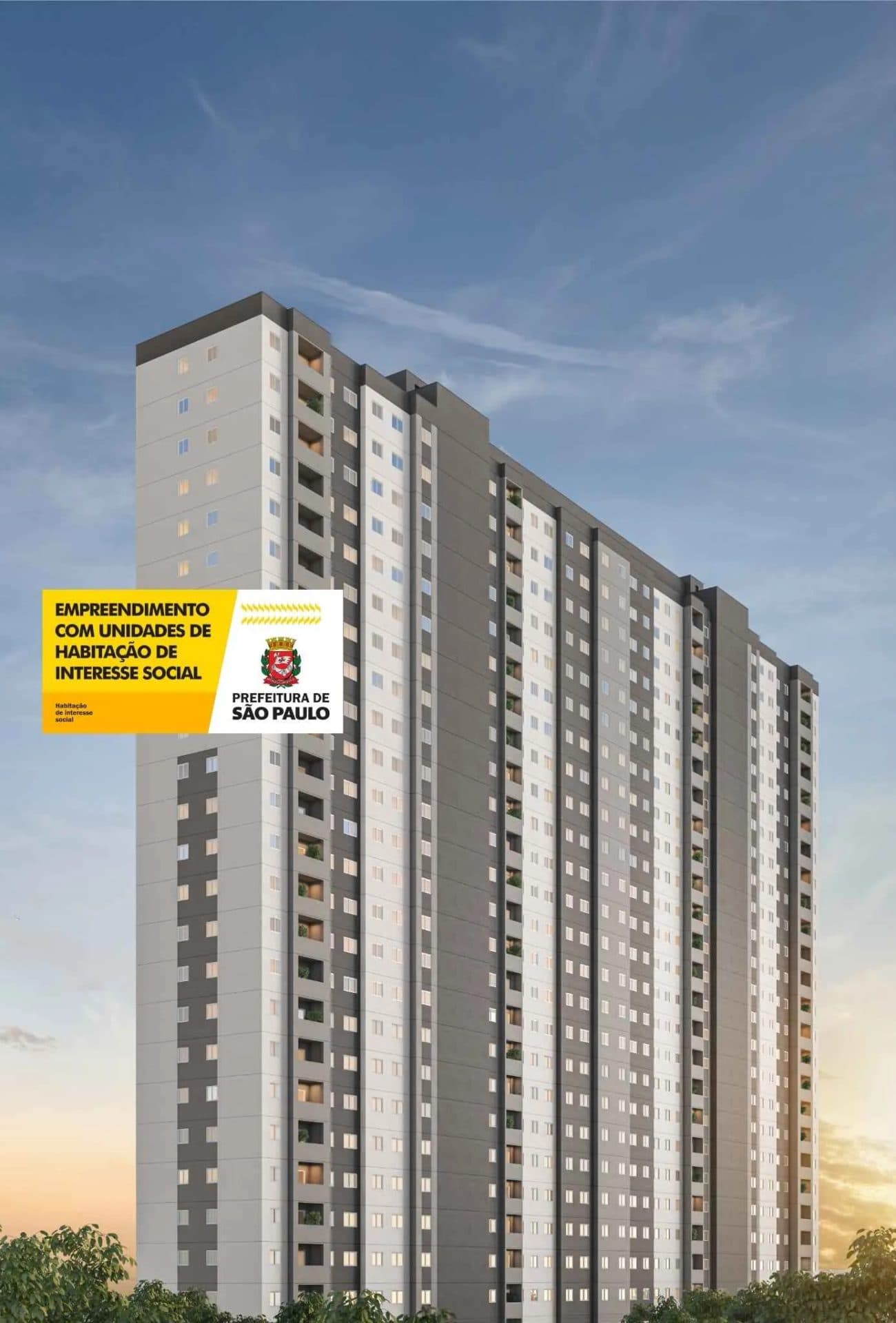 Fachada do edifício residencial de vários andares com pintura em tons de cinza e branco.